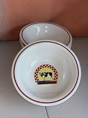 4 Century Stoneware Fannies Farm Cown Design China 7" Cereal Bowls EUC